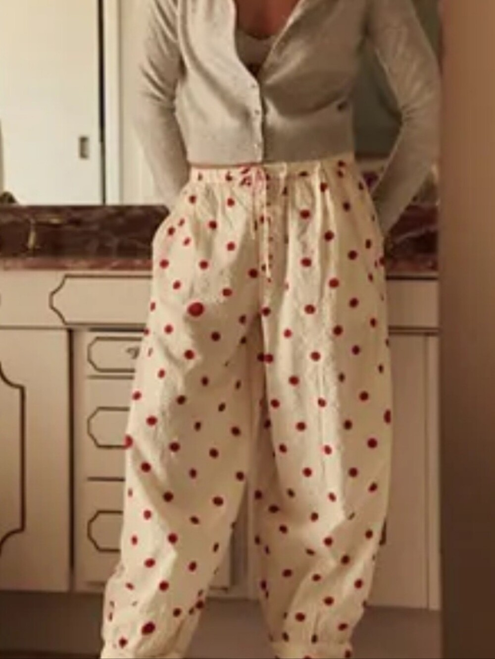 Free People Cream Joggers with Red Polka Dots